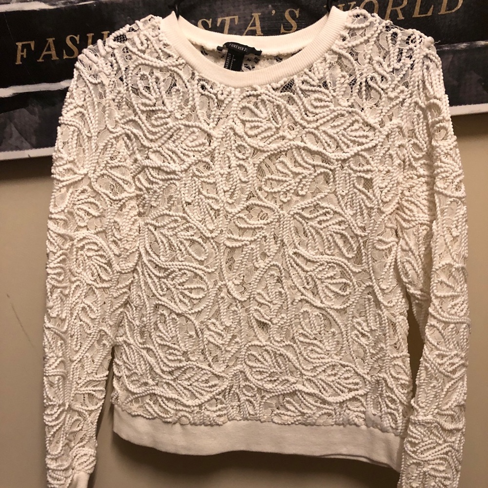 Unique Lace and Braided Detail Sweater White
